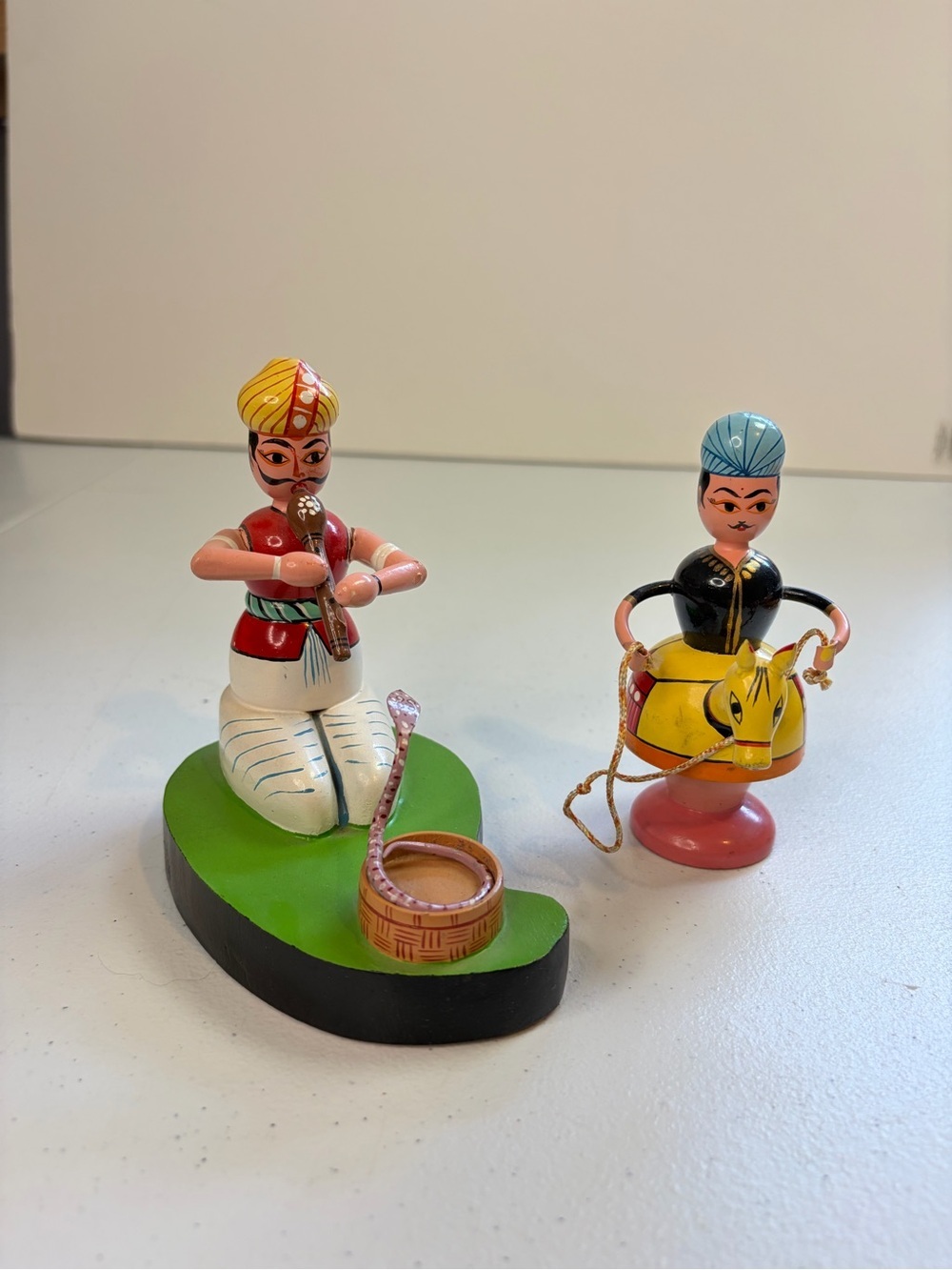 Vintage Indian Folk Art Wood Snake Charmer Horse Rider channapatna Figures 70s